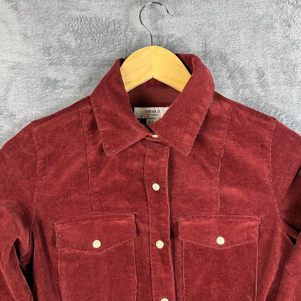 Forever 21 Shirt Dress Womens Small Burgundy Corduroy Long Sleeve Snap Front - Picture 3 of 16